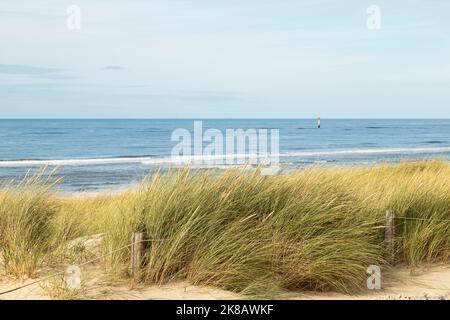 Blick auf das Meer von der Spitze einer mit Marram bedeckten Düne auf der niederländischen Insel Texel. Stockfoto