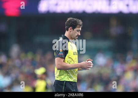 22.. Oktober 2022; SCG, NSW, Australien: T20 World Cup Cricket, Australien gegen Neuseeland: Mitchell Starc aus Australien bereitet sich auf den Bowl vor Credit: Action Plus Sports Images/Alamy Live News Stockfoto