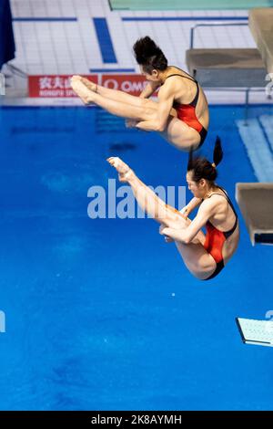 22. Oktober 2022, Berlin: Wasserspringen: WM, Entscheidungen, Synchronspringen 3 m, Frauen: Yani Chang (vorne) und Yiwen Chen aus China. Sie nahmen den ersten Platz ein. Foto: Christophe Gateau/dpa Stockfoto