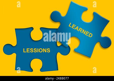 Lessons Learned Text on Puzzle, 3D Rendering Stockfoto