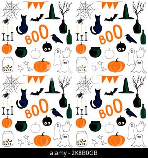Halloween Nahtloses Muster mit Illustration in schwarz-orange und weiß auf weißem Hintergrund Stock Vektor