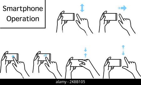 Darstellung der Aktionen zur Bedienung eines Smartphones (Pinch, Zoom, Swipe, flick, tip, Doppelt tippen) Stock Vektor