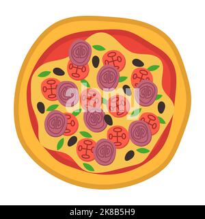 Symbole in der Pizza-Ansicht von oben. Italienische Küche mit Tomaten und Käse isoliert auf weißem Hintergrund. Köstliches Menü für ein Restaurant mit Käse, Pilze und mir Stock Vektor