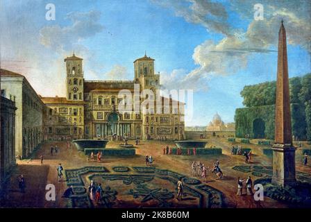 Blick auf die Villa Medici, 1767 von Paolo Anesi, Rom 1687-1773, Florenz, Italienisch ,Italien. Die Villa Medici ist eine manieristische Villa, ein architektonischer Komplex, mit einem Garten, der an die größeren Gärten der Borghese angrenzt, auf dem Pincian-Hügel, neben der Trinità dei Monti in Rom, Italien. Die Villa Medi gründete , Ferdinando I de' Medici, Großherzog der Toskana. Stockfoto