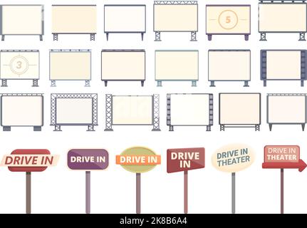 Symbole für das Drive-in-Kino setzen Cartoon-Vektorgrafiken. Filmlaufwerk. Auto Stock Vektor