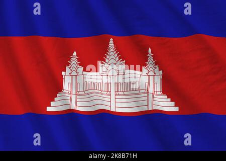 Cambodia Flagge mit großen Falten winken aus nächster Nähe unter dem Studiolicht im Innenbereich. Die offiziellen Symbole und Farben in Stoff Banner Stockfoto