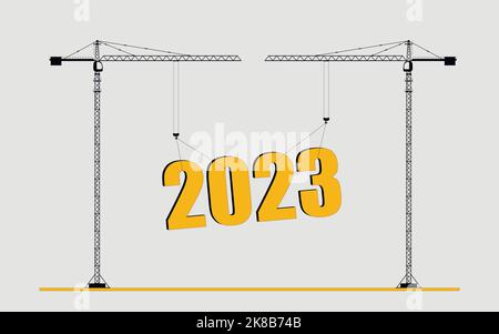 Neujahrskarte. Zwei Turmdrehkrane. Flache Vektorgrafik. Stock Vektor