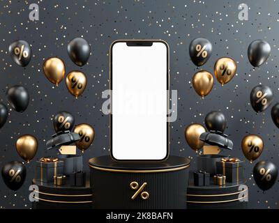 Black Friday Banner Hintergrund mit Handy leeren Bildschirm Mockup, Ballons und Geschenke auf einem dunklen Podium Plattformen in 3D Illustration Stockfoto