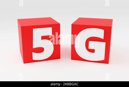 Inschrift Red Cube 5G auf weißem, glattem Hintergrund, sanftes Licht, 3D Rendering Vorderansicht Stockfoto