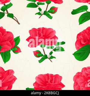 Nahtlose Textur drei Blumen Camellia Japonica mit Knospen vintage Riss Vektor Illustration editierbare Hand zeichnen Stock Vektor