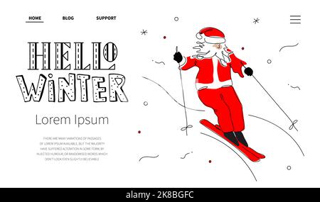 Frohe Weihnachten Web-Landing-Page mit Weihnachtsmann zum Skifahren und Zitat Schriftzug HALLO WINTER. Die Weihnachtsvektorillustration im handgezeichneten Kunststil für Stock Vektor