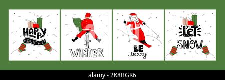 Frohe Weihnachten Set Postkarten mit Weihnachtsmann und Zitat Schriftzug SEI FRÖHLICH, LASS ES SCHNEIEN, WINTER, FROHE FEIERTAGE. Die Darstellung des Weihnachtsvektors Stock Vektor