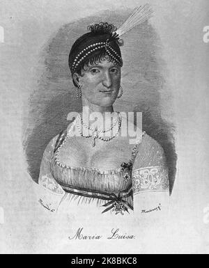 MARIA LUISA - ILUSTRACION DE LA OBRA GUERRA DE LA INDEPENDENCIA ESCRITA POR MIGUEL AGUSTIN PRINCIPE PUBLICADA EN MADRID 1842-1846. Autor: Miranda. ORT: BIBLIOTECA NACIONAL-COLECCION. MADRID. SPANIEN. MARIA LUISA VON BOURBON. CARLOS IV. ESPOSA. MARIA LUISA VON PARMA. BORBON MARIA LUISA. MARIA LUISA DE PARMA (1751-1819). Stockfoto