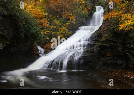 Herbstfarbe um die Dingmans Falls in den Poconos in Pennsylvania Stockfoto