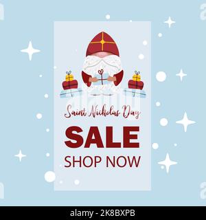 Poster zum Weihnachtsverkauf am Nikolaus-Tag. Witziger Zwerg Nikolaus. Stock Vektor