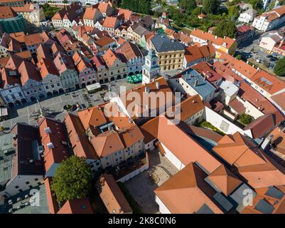 Blick Auf Das Historische Zentrum. Hauptplatz Der Altstadt Von Telc. UNESCO-Weltkulturerbe. Südmähren, Tschechien. Europa. Stockfoto