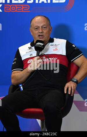 Austin, Texas, USA. 23. Oktober 2022. Pressekonferenz mit Frederic Vasseur, Teamchef, Alfa Romeo Racing, Portrait während des Formel 1 Aramco United States Grand Prix 2022, 19. Runde der FIA Formel 1 Weltmeisterschaft 2022 vom 21. Bis 23. Oktober 2022 auf dem Circuit of the Americas, in Austin, Texas - Foto DPPI Stockfoto