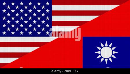 Flagge Taiwans und der USA auf strukturiertem Stoff. Das Konzept der Zusammenarbeit zwischen den beiden Ländern. Stockfoto