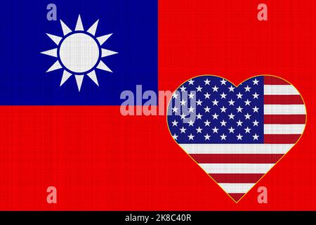 Flagge Taiwans und der USA auf strukturiertem Stoff. Das Konzept der Zusammenarbeit zwischen den beiden Ländern. Stockfoto