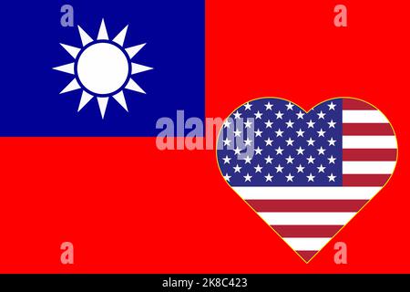 Flagge Taiwans und der USA. Das Konzept der Zusammenarbeit zwischen den beiden Ländern. Stockfoto