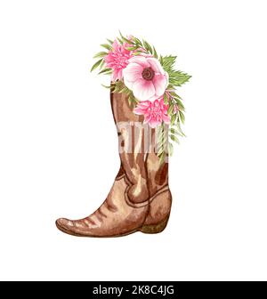 Aquarell Blumen in Stiefeln. Cowboystiefel und Blumen. Bauernhaus rustikalen Cliparts Stockfoto