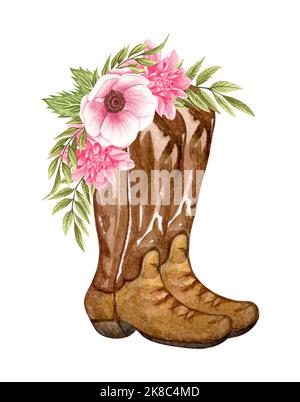 Aquarell Blumen in Stiefeln. Cowboystiefel und Blumen. Bauernhaus rustikalen Cliparts Stockfoto