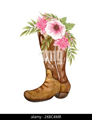 Aquarell Blumen in Stiefeln. Cowboystiefel und Blumen. Bauernhaus rustikalen Cliparts Stockfoto