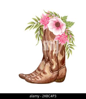 Aquarell Blumen in Stiefeln. Cowboystiefel und Blumen. Bauernhaus rustikalen Cliparts Stockfoto