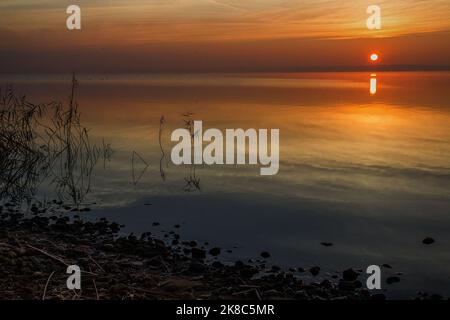 Spiegelung der Sonne während des Sonnenaufgangs auf dem Fluss Stockfoto