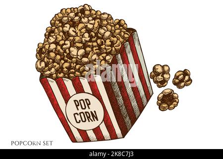 Karneval Lebensmittel handgezeichnete Vektor Illustrationen Sammlung. Farbiger Popcorn. Stock Vektor