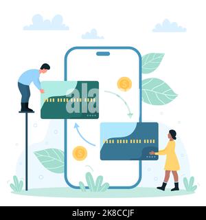 Online-Geldtransfer, Transaktionsservice in Mobile Bank App Vektordarstellung. Cartoon-kleine Kunden mit zwei Kreditkarten zum Bezahlen, Senden und Empfangen von Geld von der digitalen Brieftasche auf dem Smartphone Stock Vektor