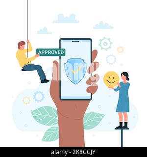 Mobile App-Sicherheitstechnologie, Datenschutz Cyber-Schutz in Telefon Vektordarstellung. Cartoon Hand hält Smartphone mit sicheren Schild auf dem Bildschirm, kleine Menschen mit zugelassenen Zeichen und Emoticon Stock Vektor
