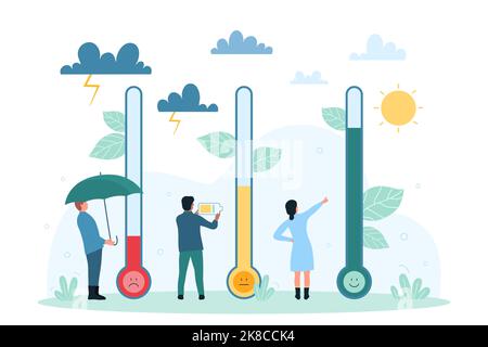 Beurteilung der Belastungswerte mit Darstellung des Thermometer-Vektors. Cartoon Tiny People bewerten Stimmung auf rot, gelb und grün Farbe, Regenschirm und Batterie, um Gefühle zu kontrollieren, messen Burnout und Angst Stock Vektor