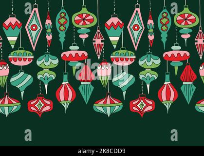 Retro Kugeln Vektor Nahtloses Horizontales Muster Rand. Weihnachten Winterferien Hintergrund Stock Vektor
