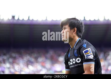 VALLADOLID, SPANIEN - 22. OKTOBER: Takefusa Kubo von Real Sociedad reagiert während des La Liga Santander-Spiels zwischen Real Valladolid und Real Sociedad am 22. Oktober 2022 in Jose Zorrilla in Valladolid, Spanien. Quelle: Ricardo Larreina/AFLO/Alamy Live News Stockfoto
