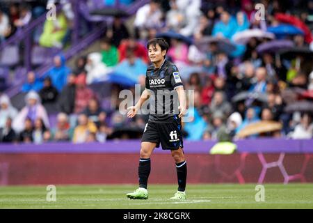 VALLADOLID, SPANIEN - 22. OKTOBER: Takefusa Kubo von Real Sociedad reagiert während des La Liga Santander-Spiels zwischen Real Valladolid und Real Sociedad am 22. Oktober 2022 in Jose Zorrilla in Valladolid, Spanien. Quelle: Ricardo Larreina/AFLO/Alamy Live News Stockfoto