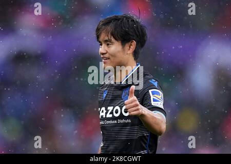VALLADOLID, SPANIEN - 22. OKTOBER: Takefusa Kubo von Real Sociedad reagiert während des La Liga Santander-Spiels zwischen Real Valladolid und Real Sociedad am 22. Oktober 2022 in Jose Zorrilla in Valladolid, Spanien. Quelle: Ricardo Larreina/AFLO/Alamy Live News Stockfoto