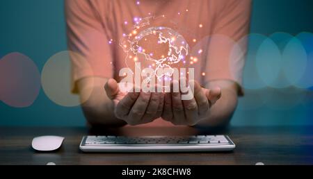 Geschäftsmann mit globaler Netzwerkverbindung. Big-Data-Analyse und Business-Intelligence-Konzept. Weltkarte Punkt- und Linienzusammensetzung Konzept von g Stockfoto