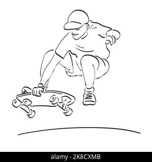 Männlich Skateboarder tun einen Trick Illustration Vektor Hand gezeichnet isoliert auf weißem Hintergrund Linie Kunst. Stock Vektor