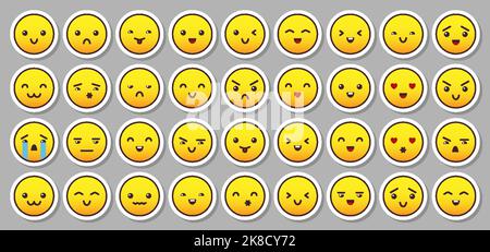 Emoji gelb flache Cartoon Aufkleber großen Satz. Emotionssymbol für Kinder. Comic niedliches Symbol. Fröhliches Gesichtsschild. Circle Faces Ausdruck Message Piktogramm Sammlung. Lächeln Sie lustige Chat-Symbole Stock Vektor