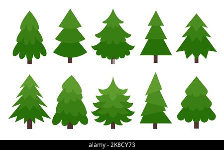 Weihnachtsbaum flaches Icon-Set. Immergrüne Waldkoniferenpflanze, Fichte, Tanne, Kiefer. Frohe Weihnachten und Neujahr Party traditionelle Dekoration grünen Cartoon Baum. Winterurlaub glücklich Symbol auf weiß isoliert Stock Vektor