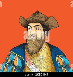 Vasco de Gama, der 1498 das Kap der Guten Hoffnung umrundete und nach Calicut an der Küste Malabars segelte. Vektorgrafik Stock Vektor