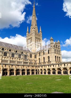 Kathedrale von Norwich, Spire , Kirchenschiff, Querschiff und Kreuzgänge, mittelalterliche Architektur, Englische Kathedralen, Norfolk, England, Großbritannien Stockfoto