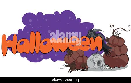 Happy Halloween Banner oder Party Einladung Hintergrund mit Nachtwolken und Kürbisse. Vektorgrafik. Vollmond am Himmel, Spinnennetz und fliegende Fledermäuse. Für Text platzieren Stock Vektor
