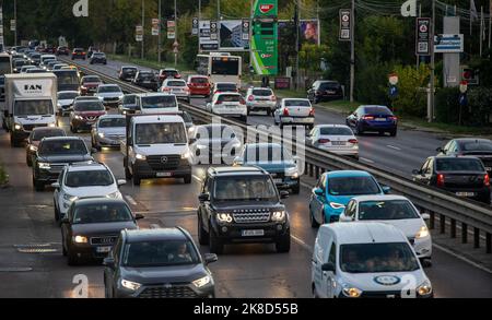Bukarest, Rumänien - 07. Oktober 2022: Autos im Verkehr zur Hauptverkehrszeit auf der Nationalstraße Nr. 1 1 an der Ausfahrt aus Bukarest in Richtung Ploiesti. Stockfoto