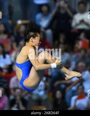 Berlin, Deutschland. 22. Oktober 2022. Quan Hongchan aus China tritt beim Frauen-Plattformfinale 10m beim FINA Diving World Cup in Berlin, Deutschland, am 22. Oktober 2022, an. Quelle: Ren Pengfei/Xinhua/Alamy Live News Stockfoto