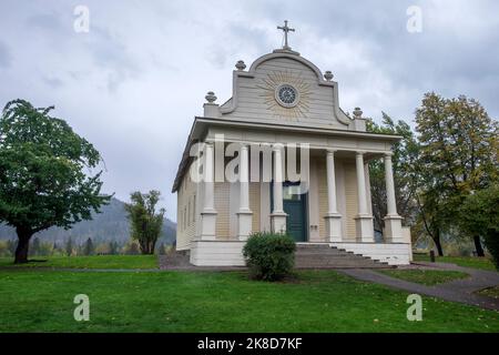 Cataldo Mission, eine alte Jesuitenmissionskirche im Idaho Panhandle, ältestes Gebäude in Idaho Stockfoto