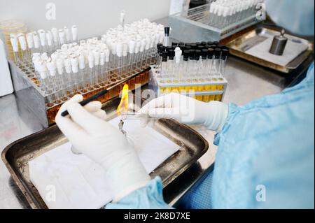 Laborspezialist arbeitet an speziellen Projekten und desinfiziert Werkzeuge Stockfoto