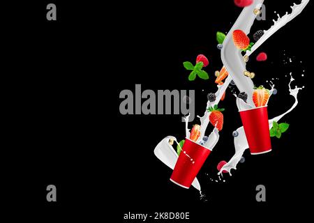 Erdbeermilchshake. Papiertasse mit Erdbeermilchspritzern. Erdbeer-Smoothie-Spritzer. Stockfoto