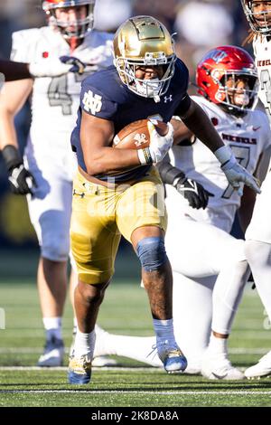 22. Oktober 2022: ]Notre Dame läuft zurück Logan Diggs (3) läuft mit dem Ball während des NCAA-Fußballspiels zwischen den UNLV-Rebellen und den Notre Dame Fighting Irish im Notre Dame Stadium in South Bend, Indiana. Notre Dame besiegte UNLV 44-21. John Mersits/CSM. Stockfoto